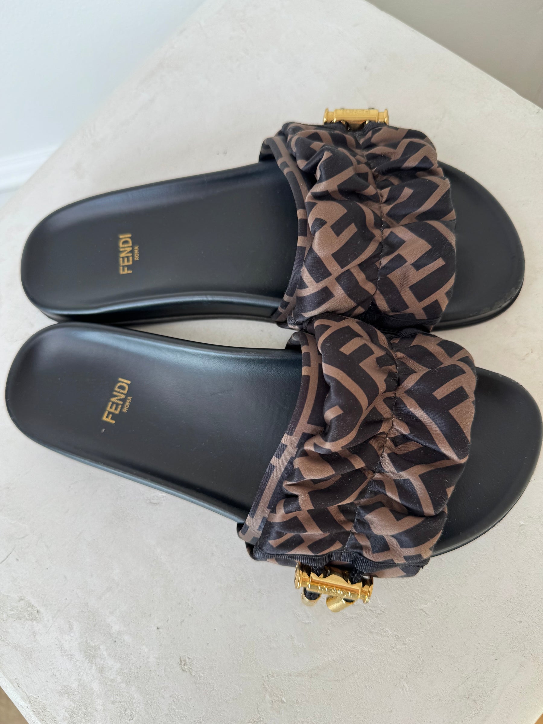Fendi Feel Brown Satin Slides, 37
