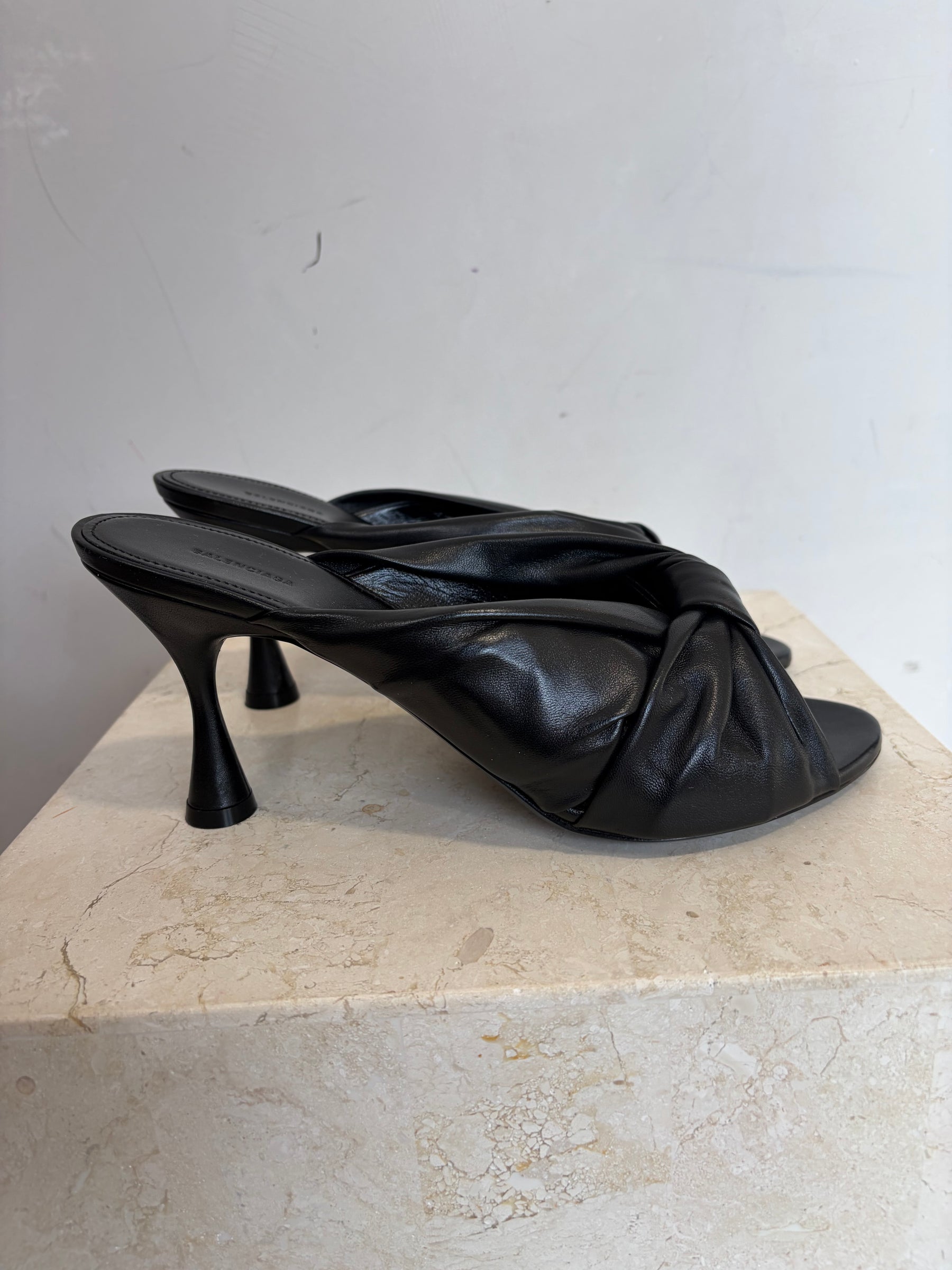 Balenciaga Black Leather Twist Peep Toe Mule, 40