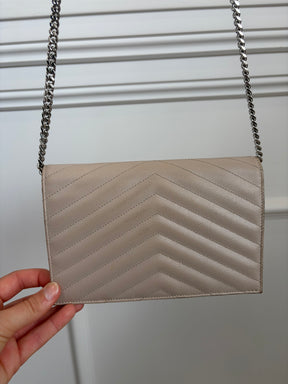 Saint Laurent Beige Grained Leather Envelope Chain Wallet