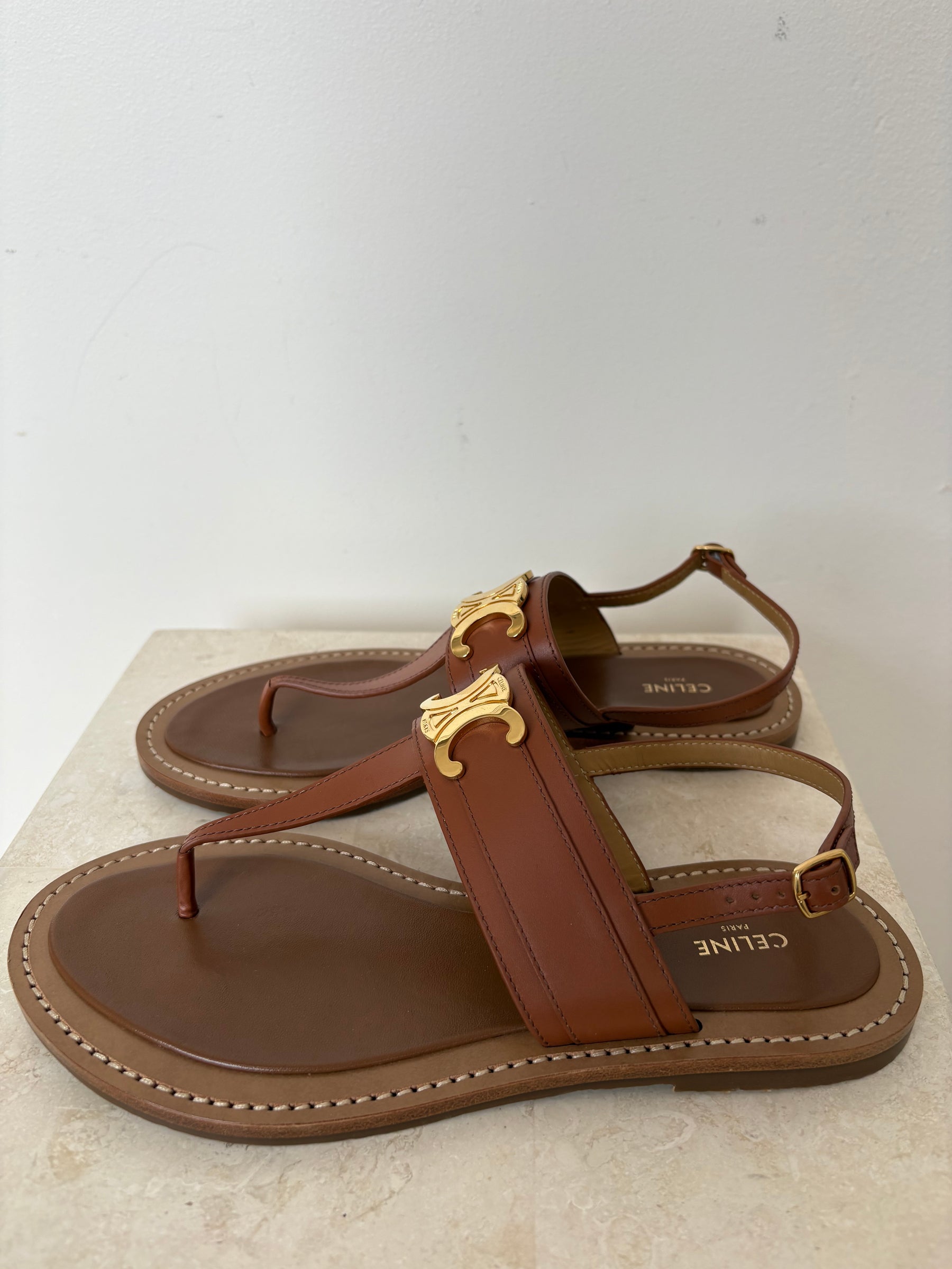 Celine Lympia Triomphe Leather Thong, 38