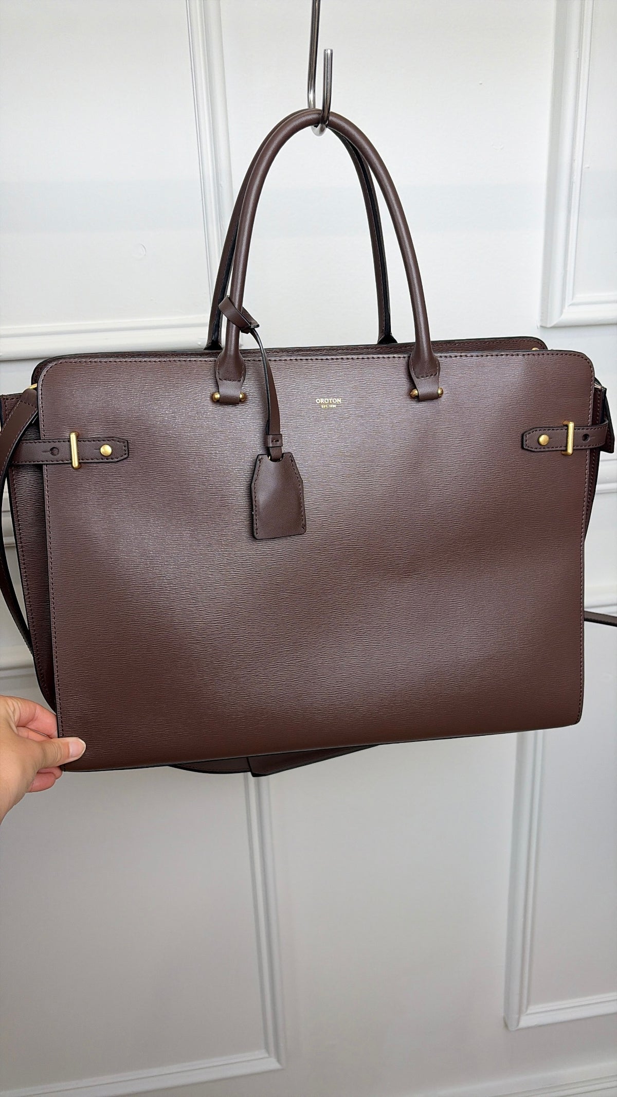 Oroton Brown Leather Top Handle Tote Bag