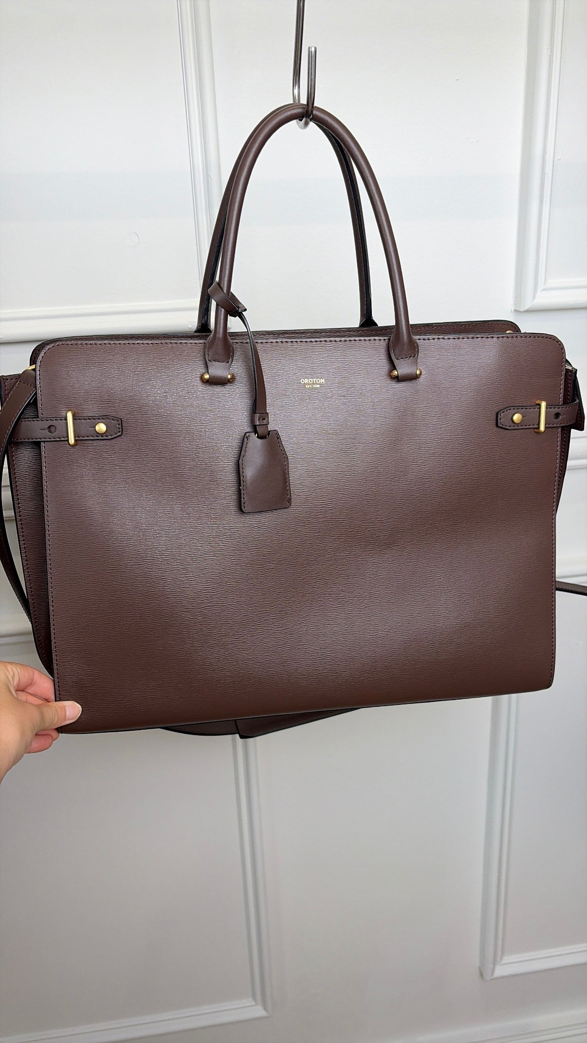 Oroton Brown Leather Top Handle Tote Bag
