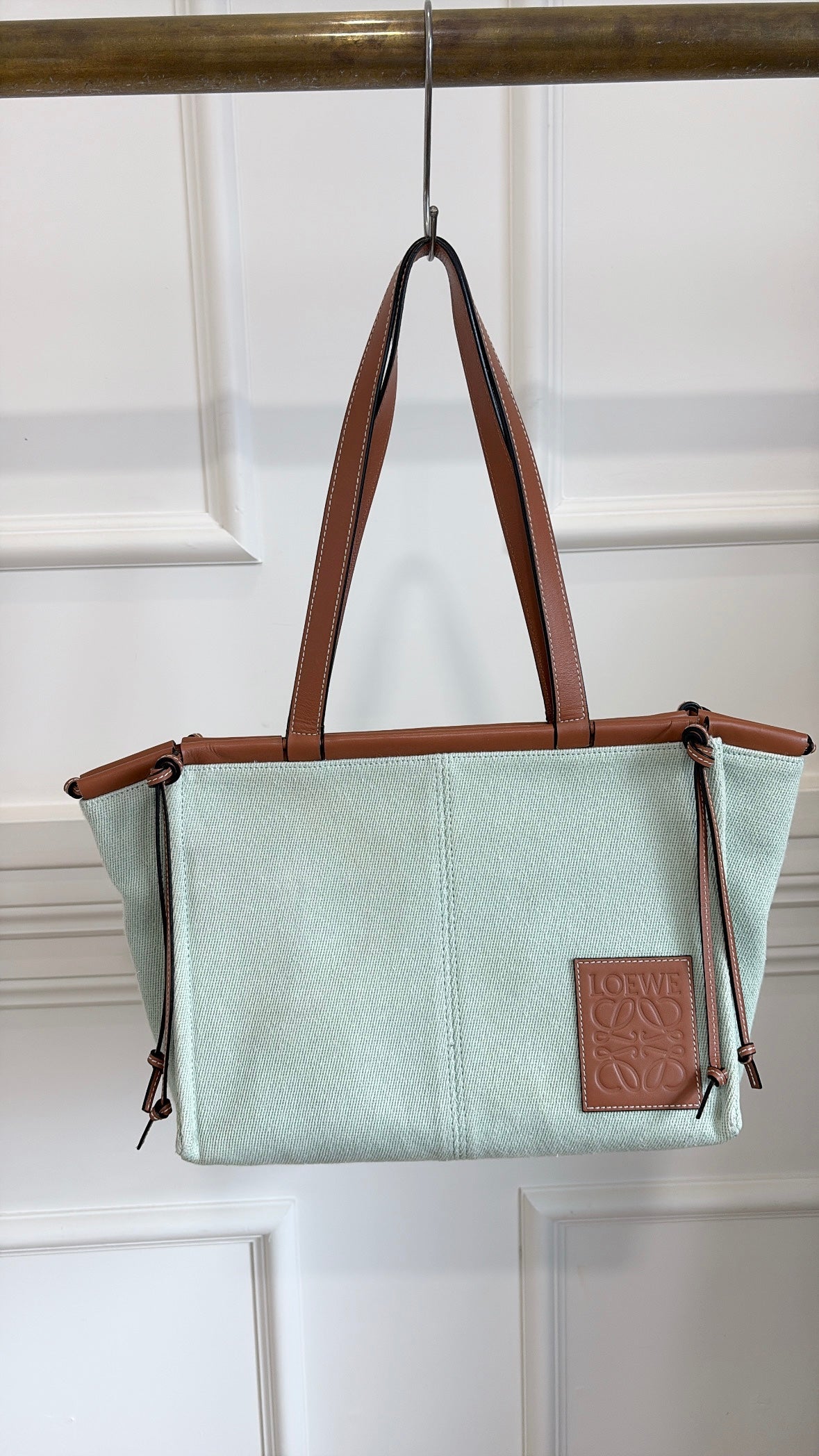 Loewe Mint Canvas and Tan Leather Cushion Tote
