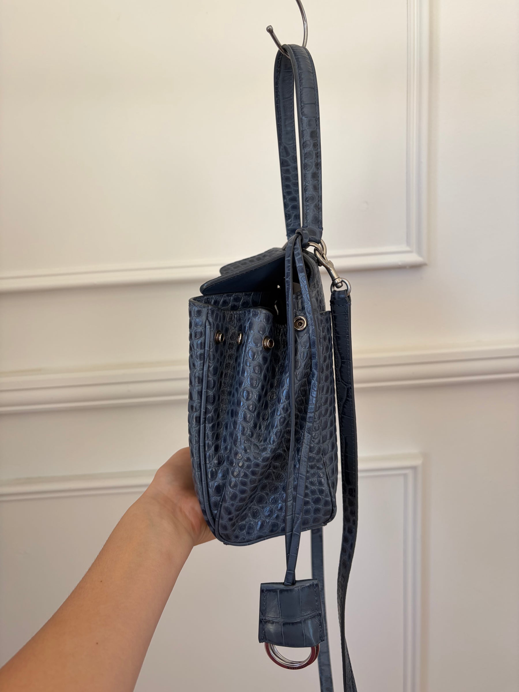 Balenciaga Denim Blue Croc Embossed Small Rodeo Bag