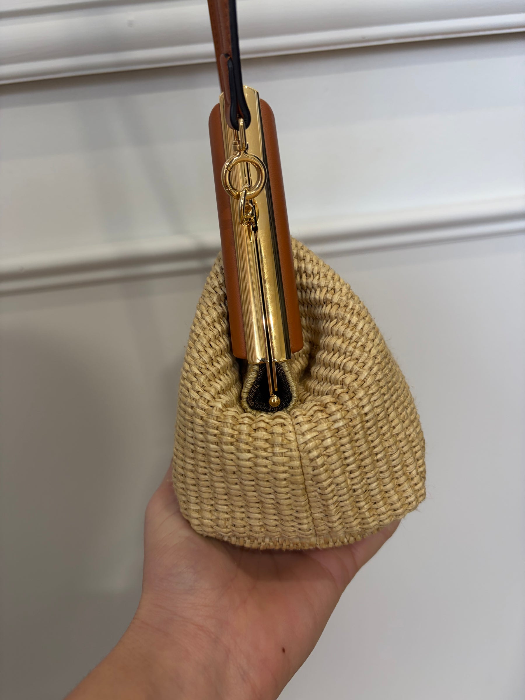 Fendi First Raffia and Tan Leather Small Crossbody Pouch