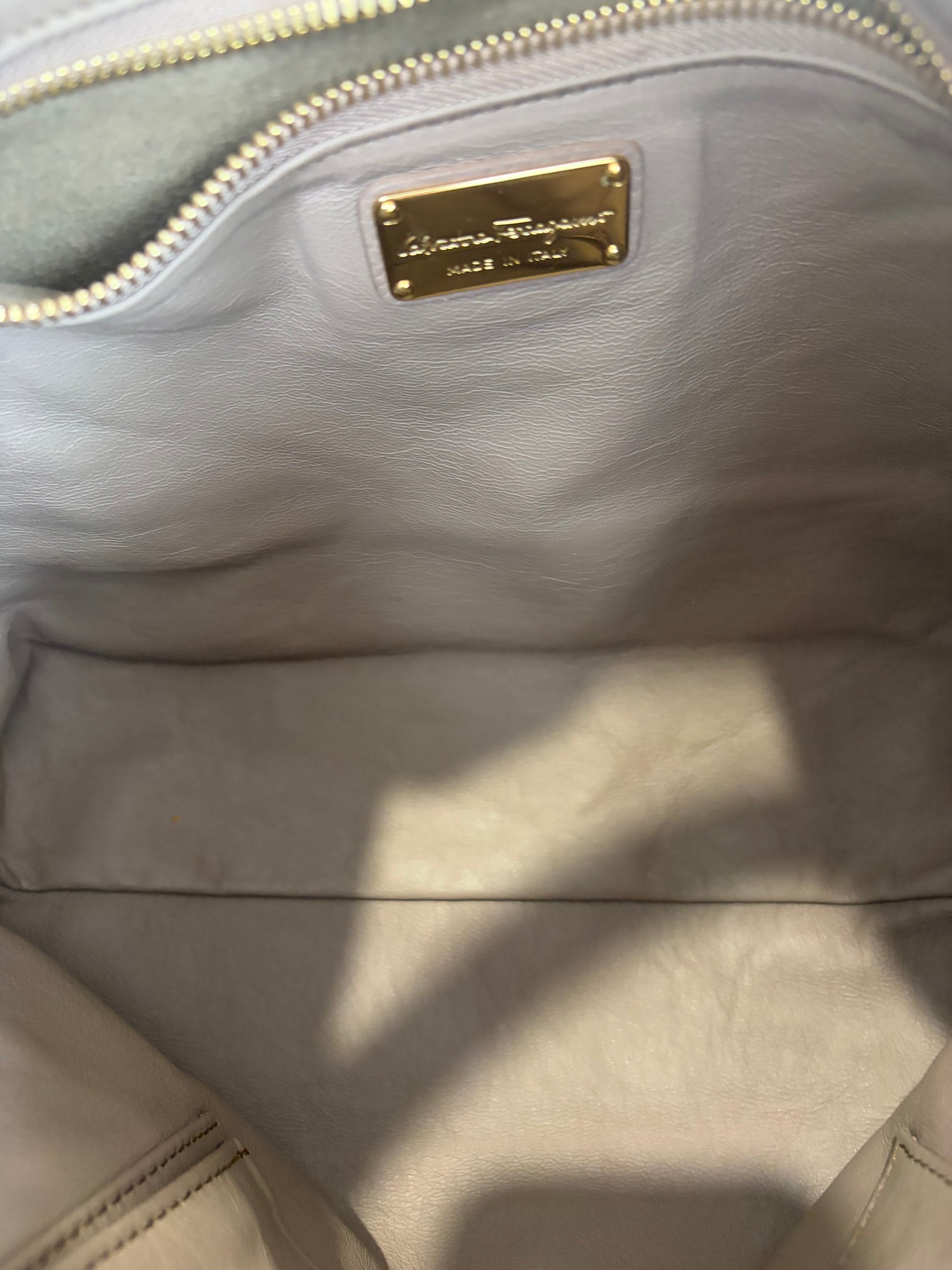 Salvatore Ferragamo Grained Leather Handbag In Taupe With Gold Tone HW