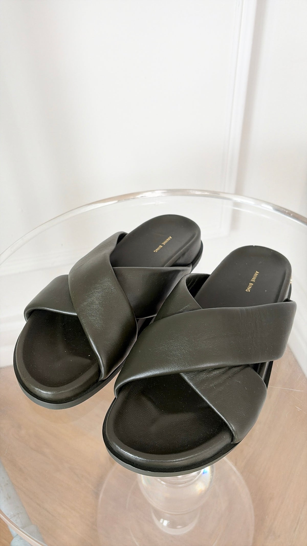 Anine Bing Olive Green Leather Cross Slides, 37