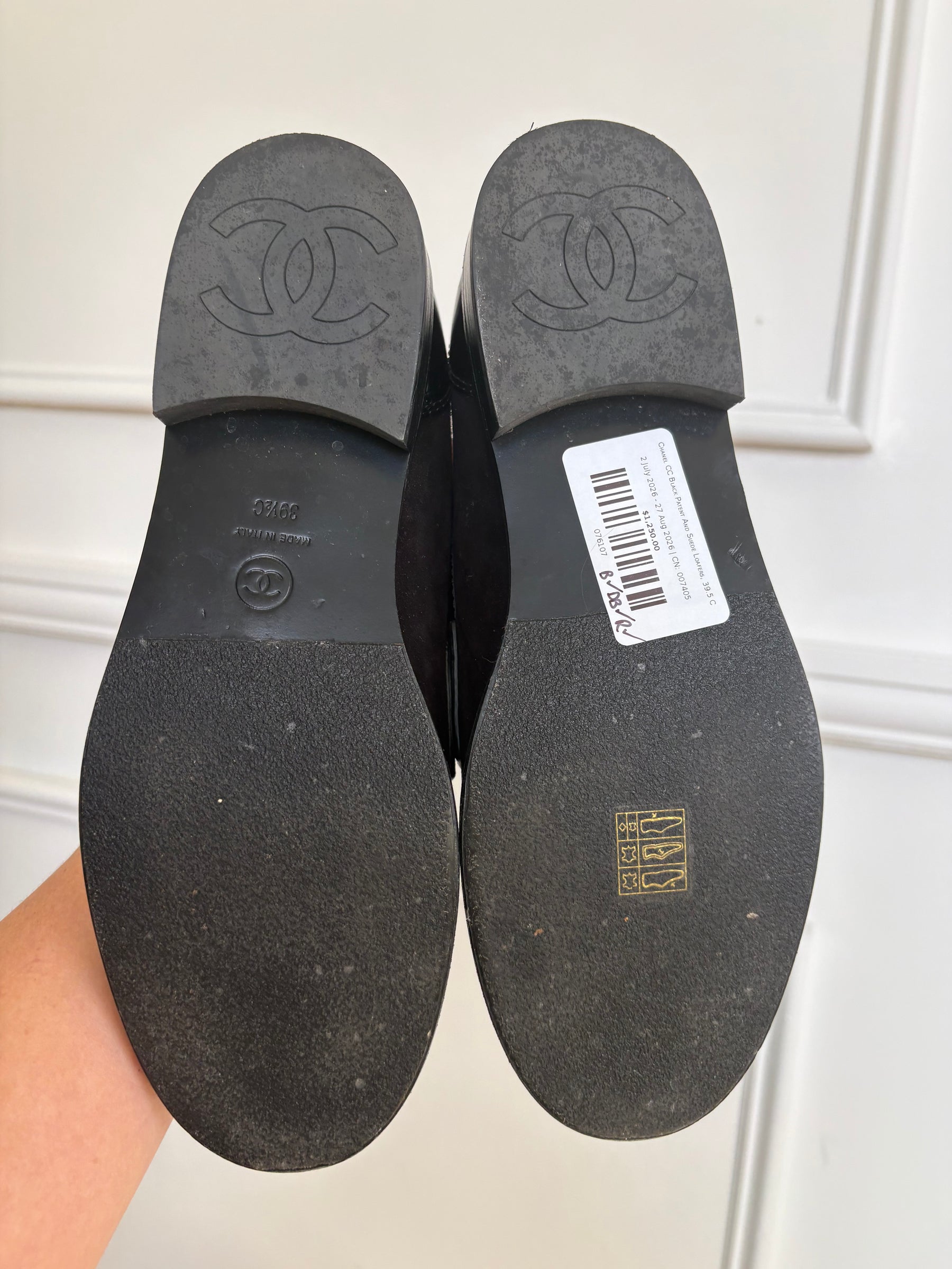 Chanel CC Black Patent And Suede Loafers, 39.5 C
