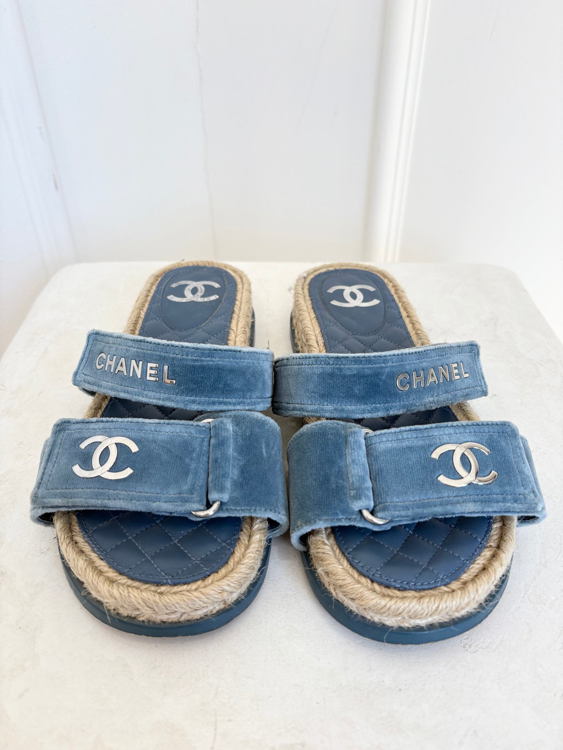 Chanel Dusty Blue Velevt Espadrille Slides, 38C
