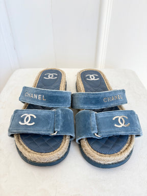 Chanel Dusty Blue Velevt Espadrille Slides, 38C