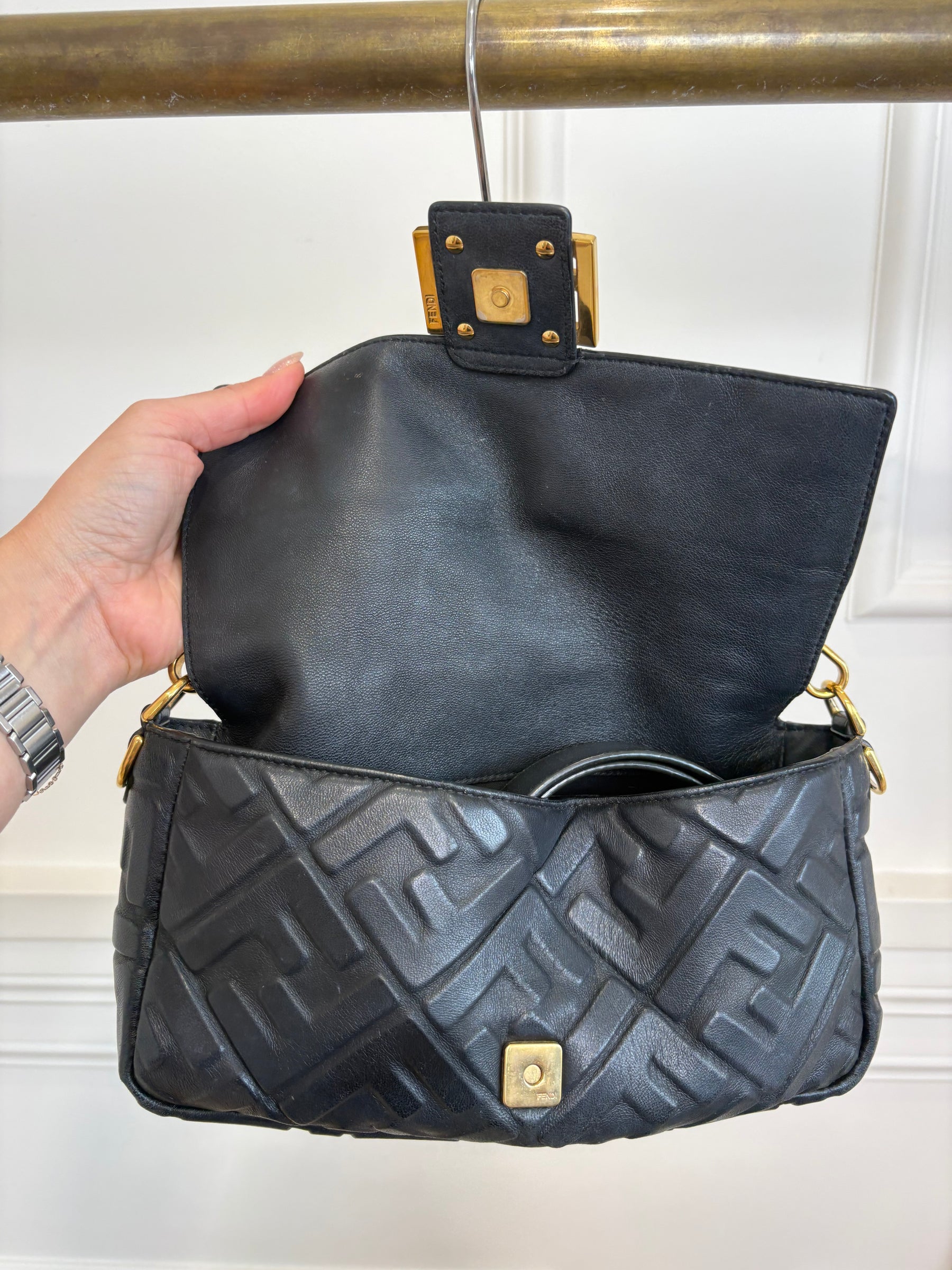Fendi Black Leather Debossed Monogram Baguette Bag