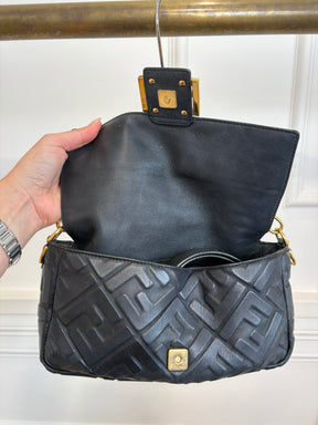 Fendi Black Leather Debossed Monogram Baguette Bag