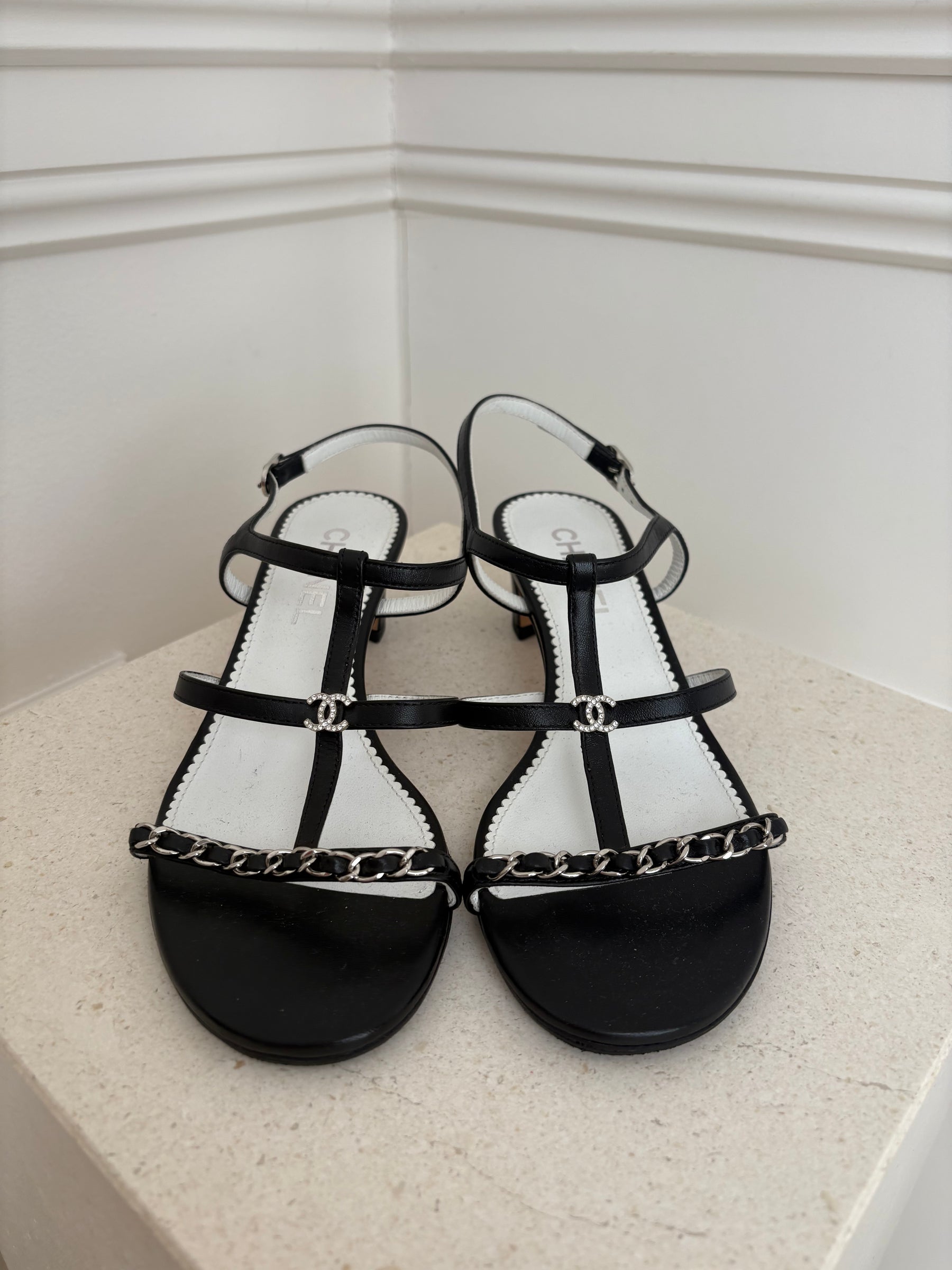 Chanel Black Leather with Silver Chain Detail Heeled Sandal, 36.5C