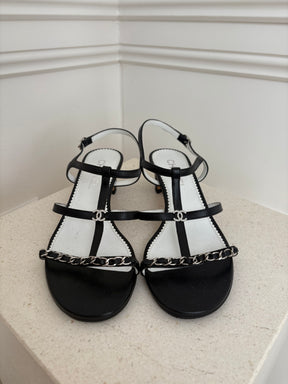 Chanel Black Leather with Silver Chain Detail Heeled Sandal, 36.5C