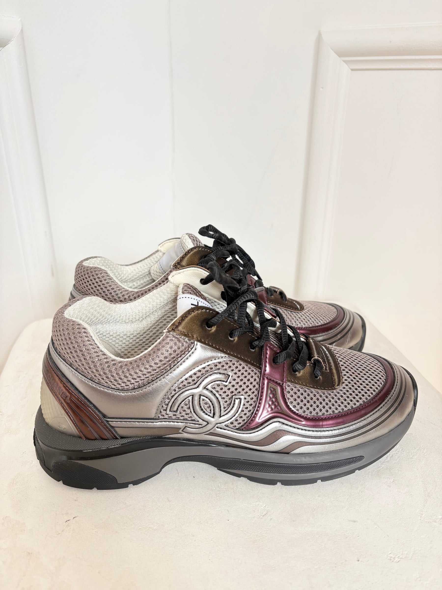Chanel Silver, Bronze and Grey Metallic Logo Sneakers, 38