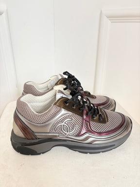 Chanel Silver, Bronze and Grey Metallic Logo Sneakers, 38