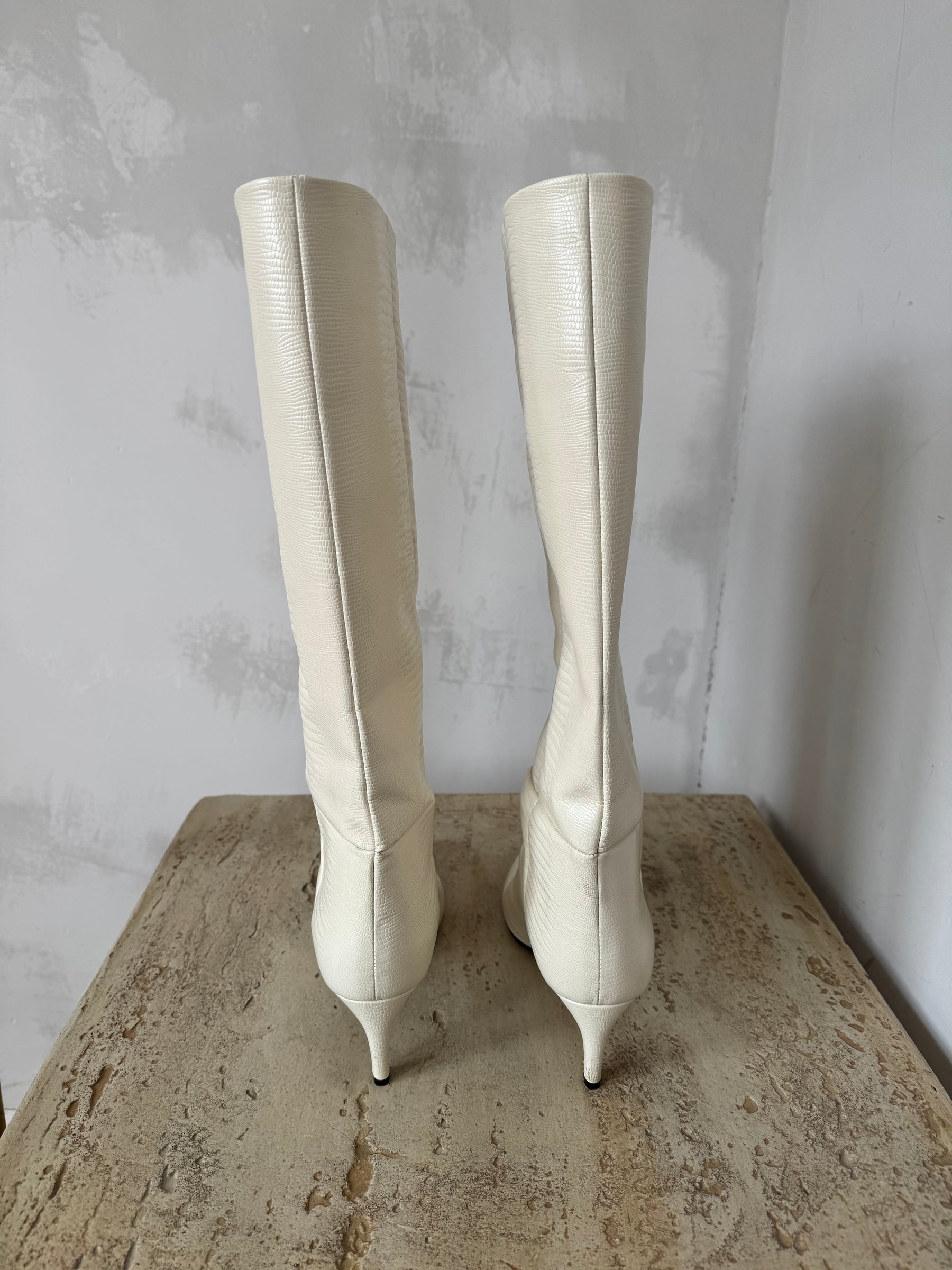 Paris Texas Cream Lizard Embossed Leather Heeled Boots, 37
