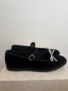 Giambattista Valli Black Velvet Crystal Bow Mary Janes, 41