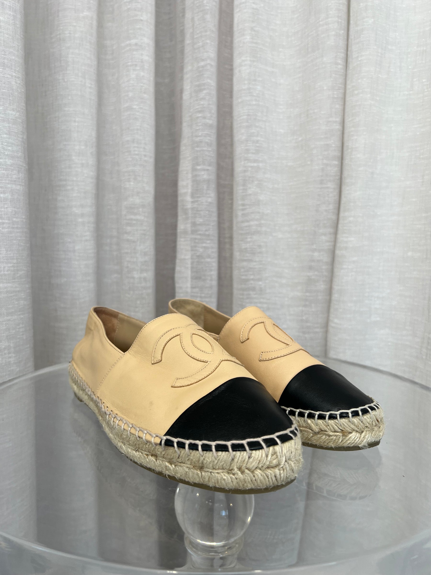 Chanel Beige and Black Leather Logo Espadrilles, 40