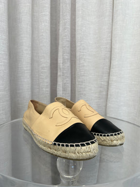 Chanel Beige and Black Leather Logo Espadrilles, 40
