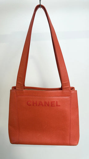 Chanel Orange Caviar Leather Logo Shopper Tote