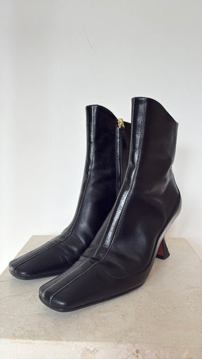 Manu Atelier Black Leather Sqaure Toe Heeled Ankle Boots, 37