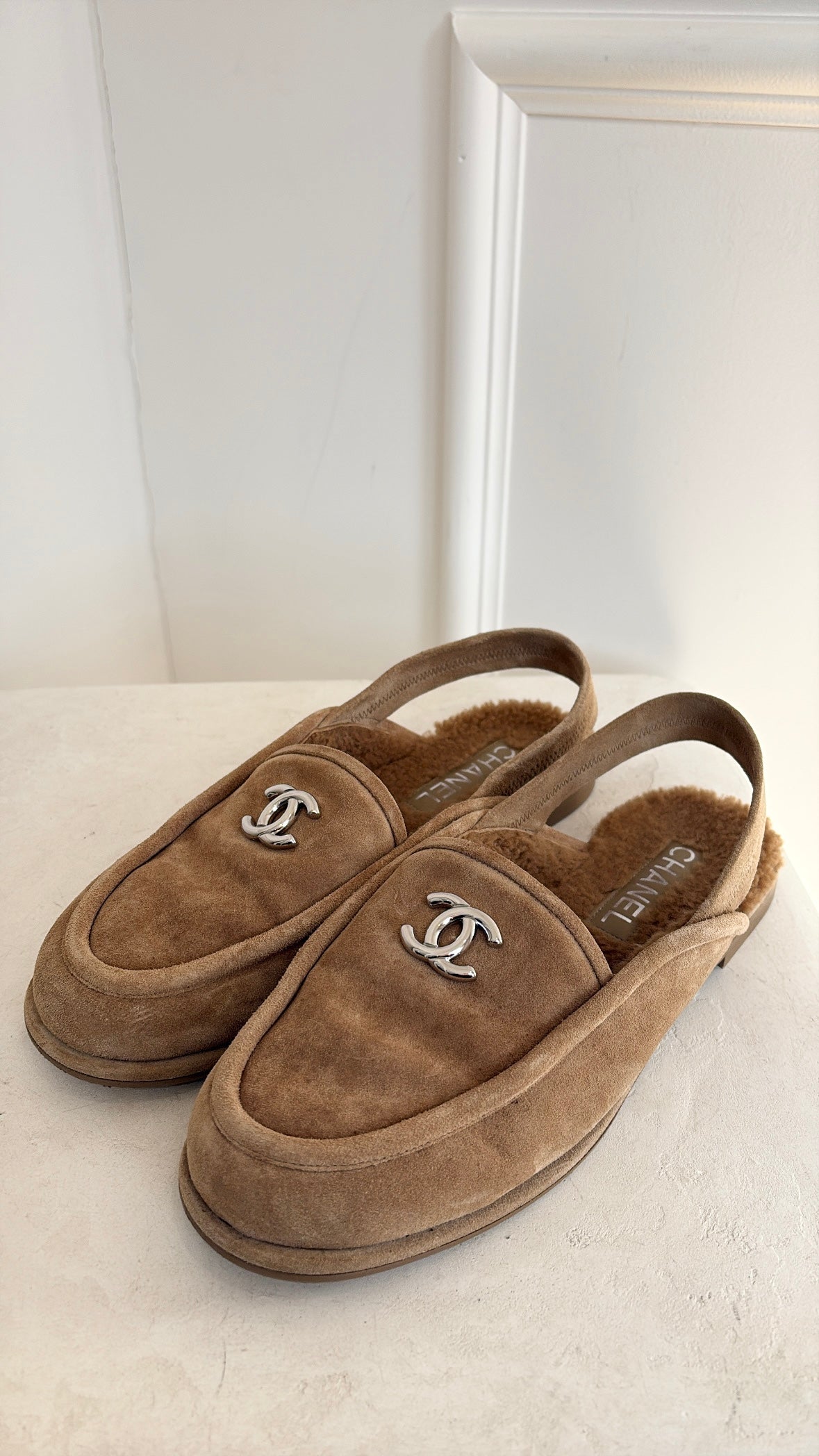 Chanel Beige Suede Shearling Slingback Loafers, 41C