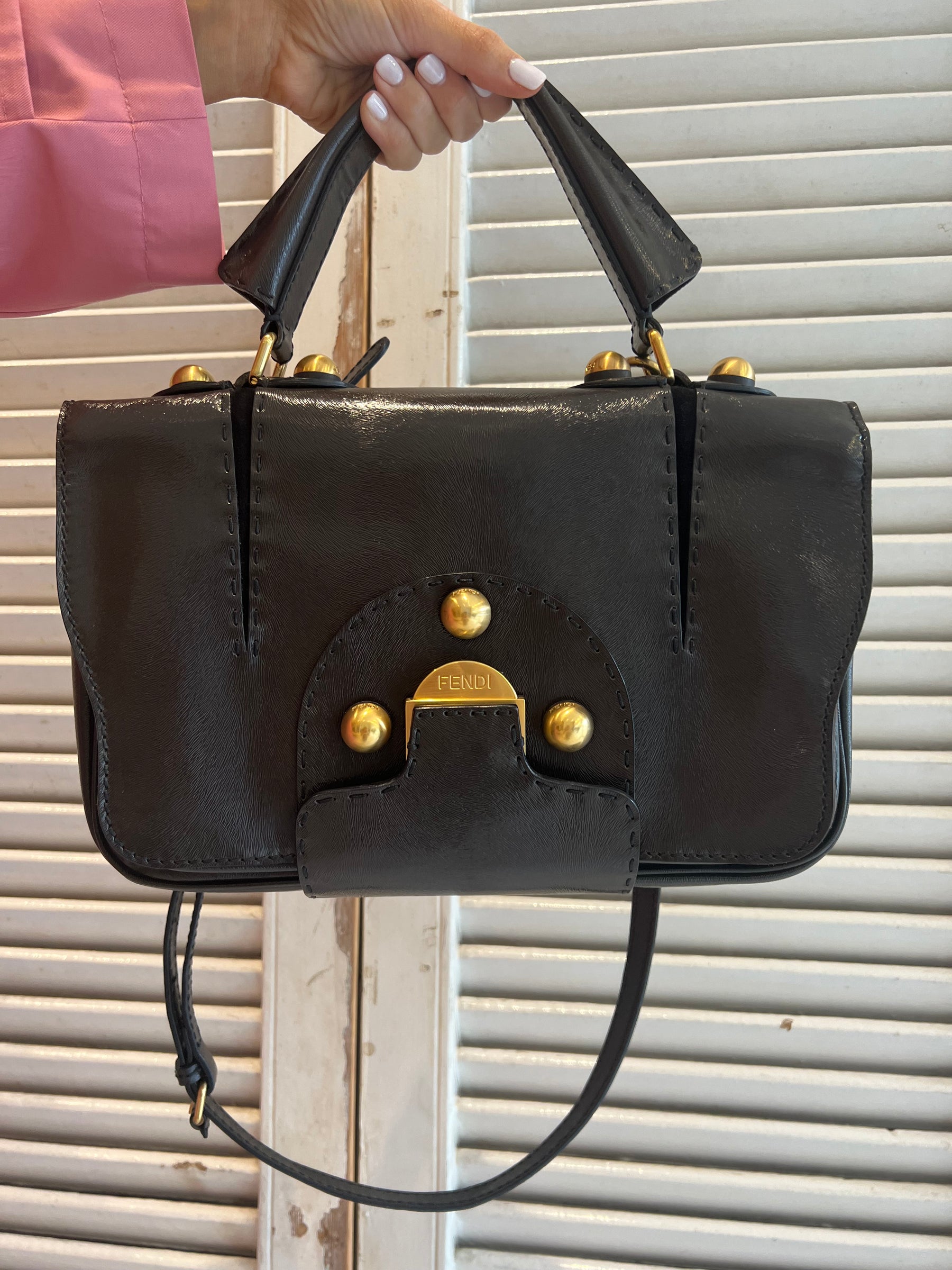 Fendi Brown Coated Leather Top Handle Shoulder Bag