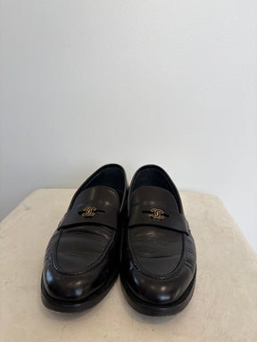 Chanel CC Black Leather Loafers, 38