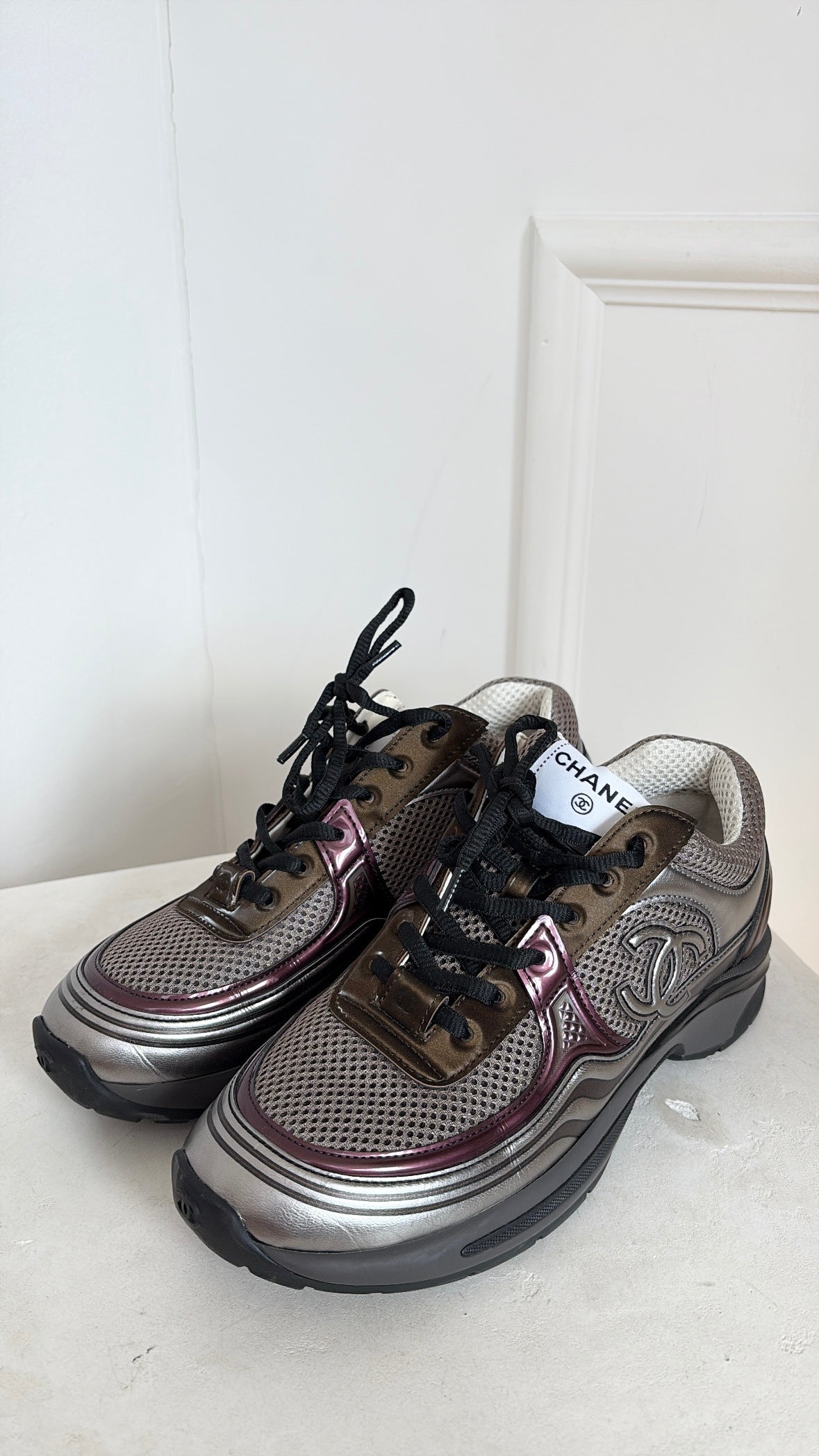 Chanel Silver, Bronze and Grey Metallic Logo Sneakers, 38