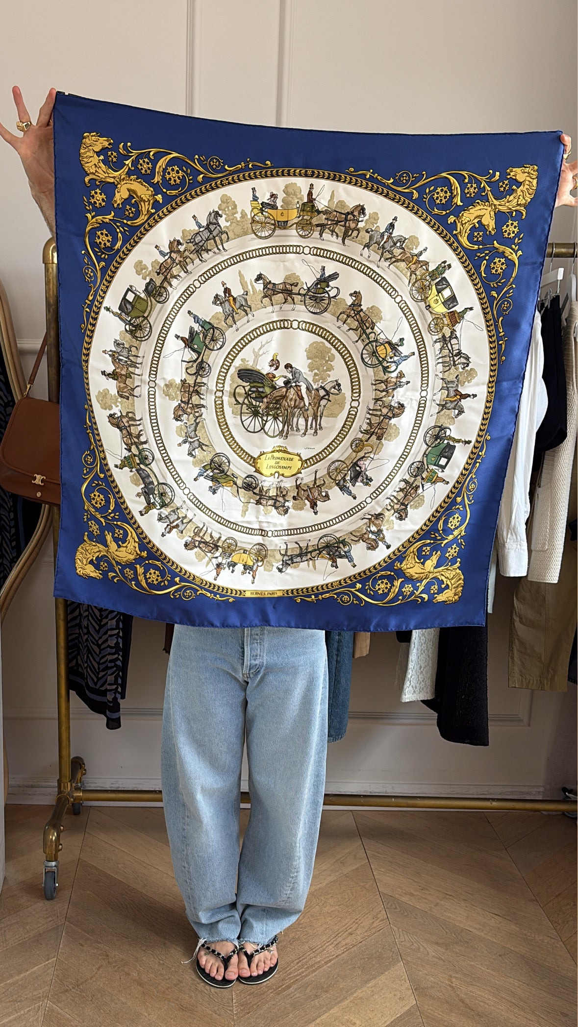 Hermès Blue and White 'Le Promenade de Longchamps' Silk Scarf