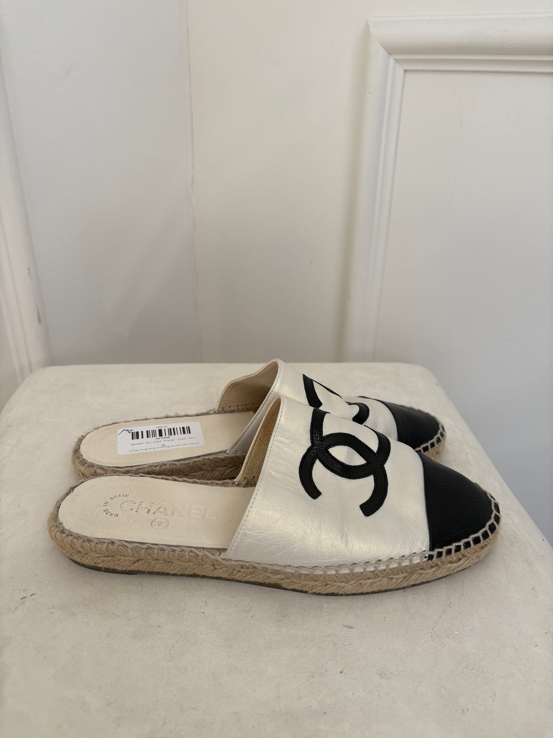 Chanel Logo Leather Espadrille Slide Black White, 38