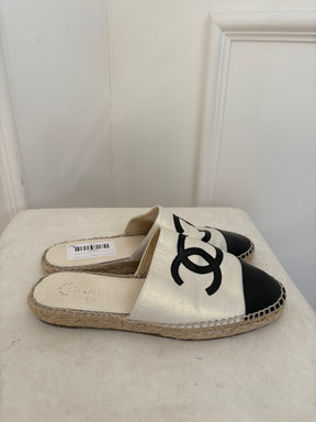 Chanel Logo Leather Espadrille Slide Black White, 38