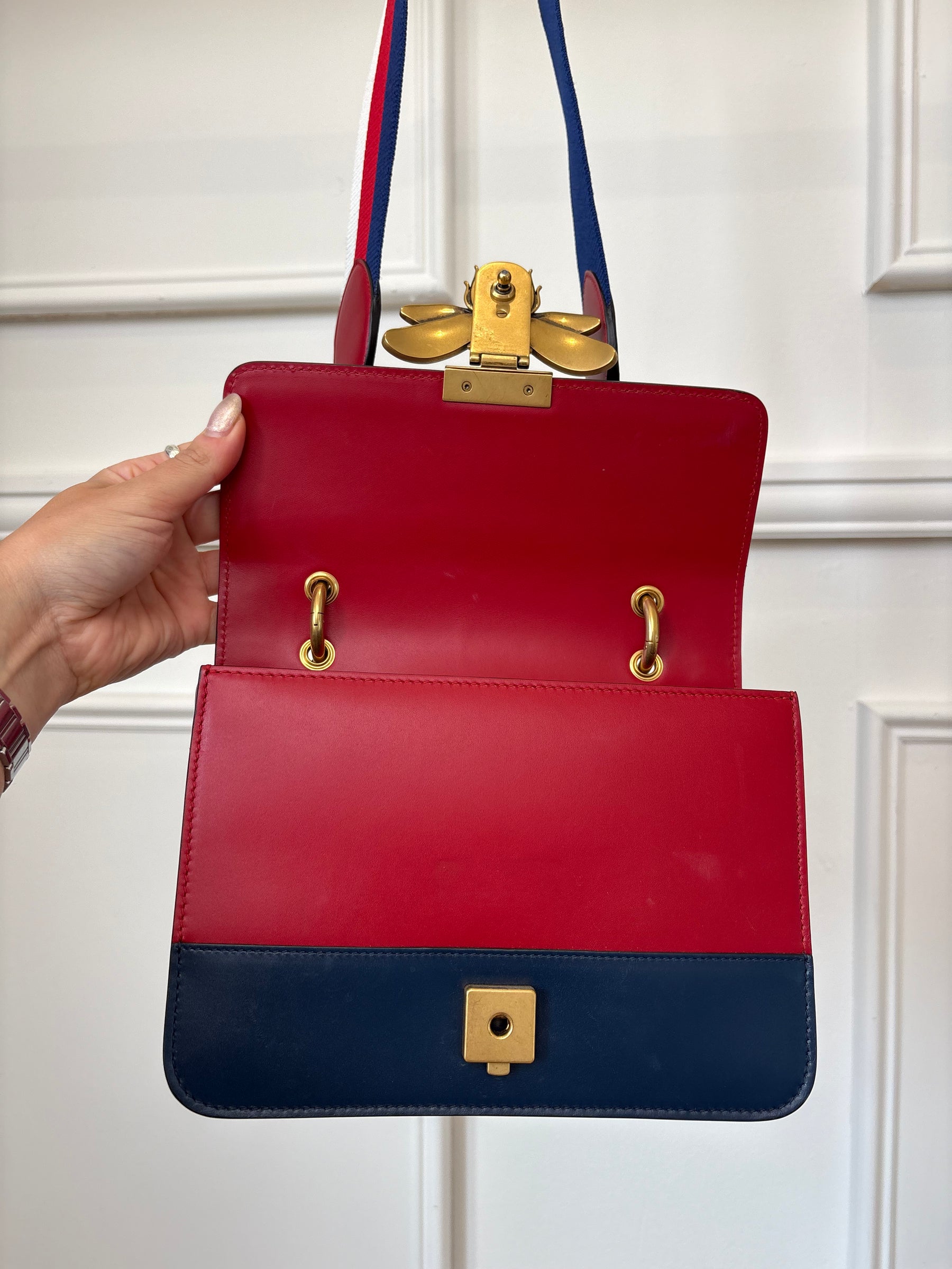 Gucci Red, White and Navy Leather Embellished Bee Shoulder Bag