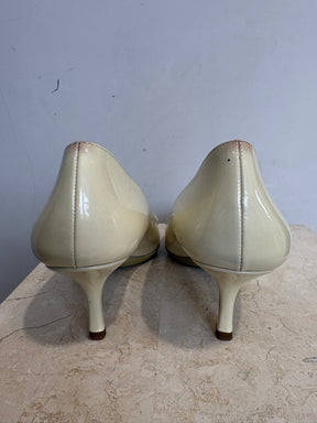 Prada Cream Patent Pointed Loafer Pump, 38