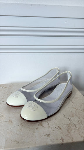 Chanel Cream Patent and PVC Logo Ballet Flats, 36.5