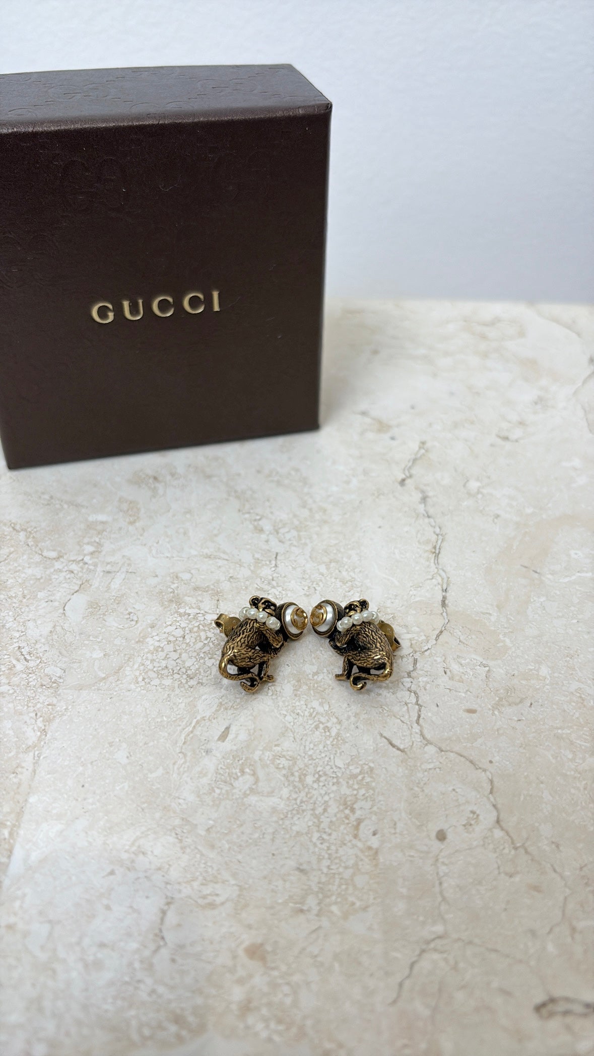 Gucci Gold Tone and Pearl Monkey Stud Earrings
