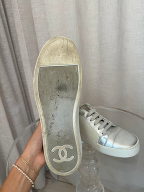 Chanel White Rubber and Silver Leather Sneakers, 40