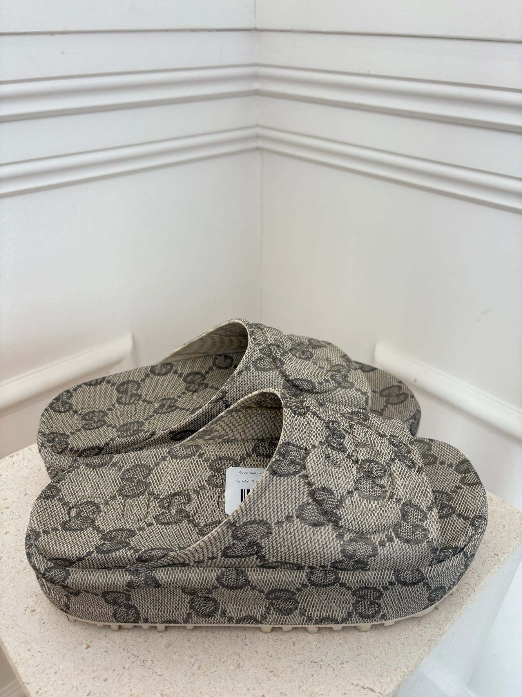 Gucci Platform Monogram Rubber Slides, 39