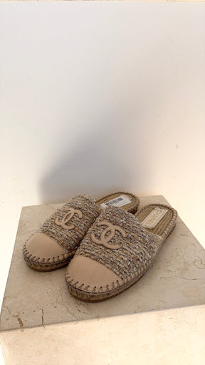 Chanel Beige Tweed Espadrille Slides, 37 C
