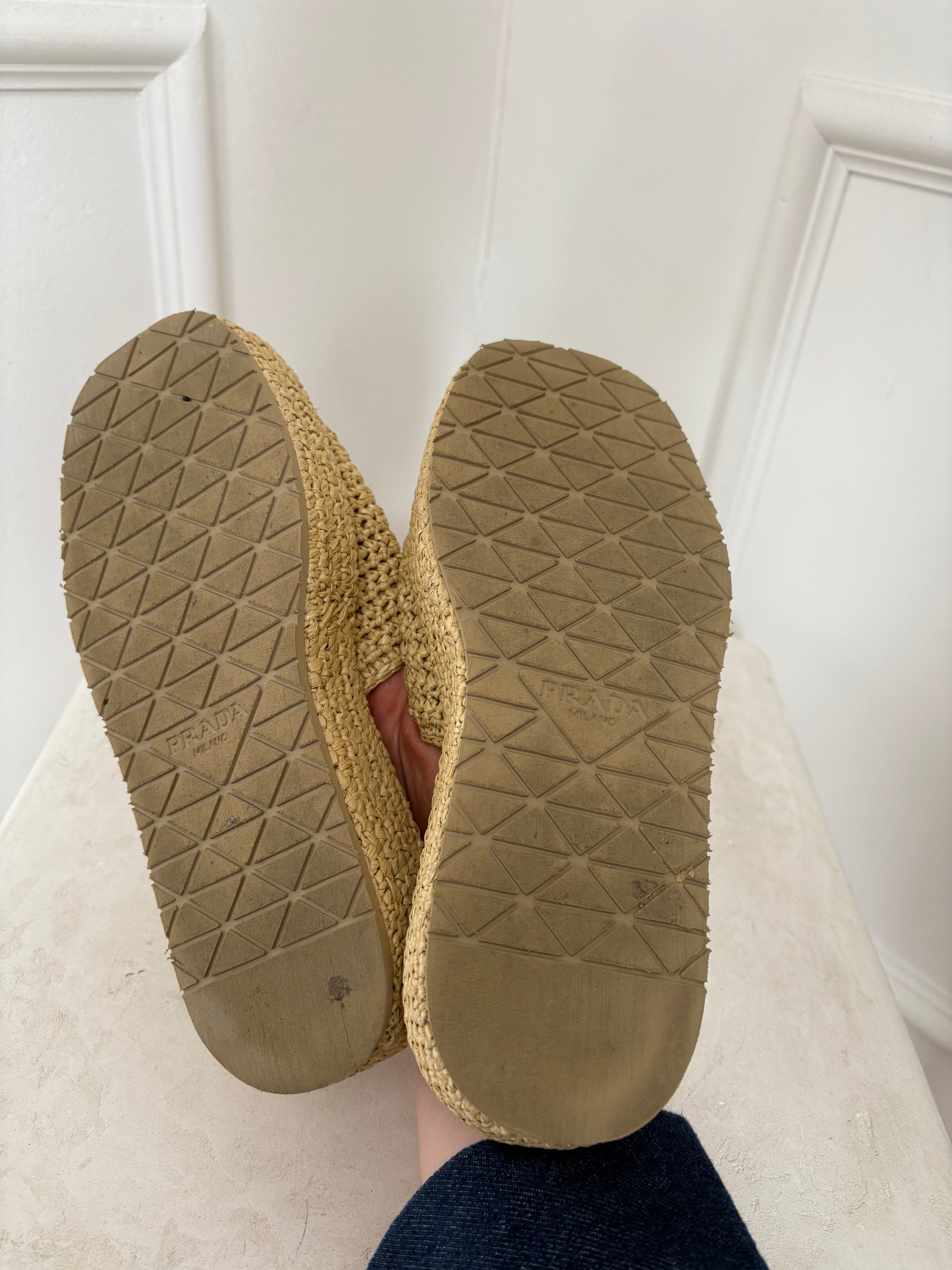 Prada Natural Crochet Platform slides, 36