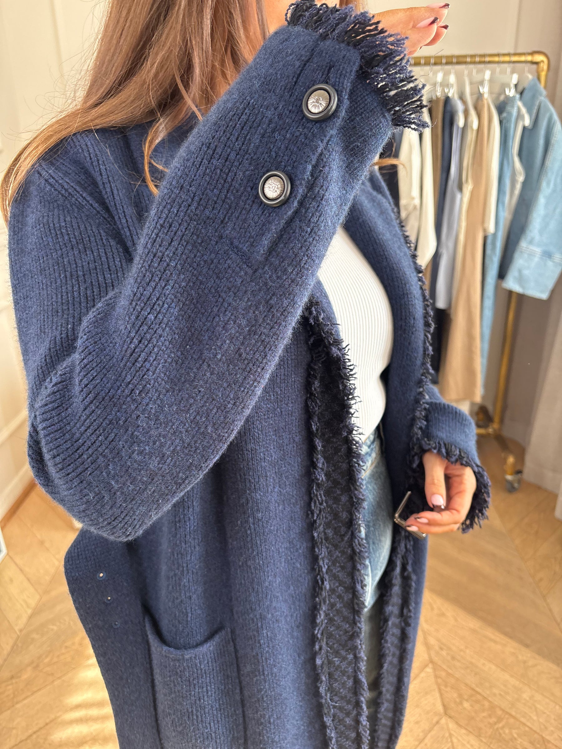 Chanel Navy Knitted Coat With Fringing Detail And Belt, 40 FR