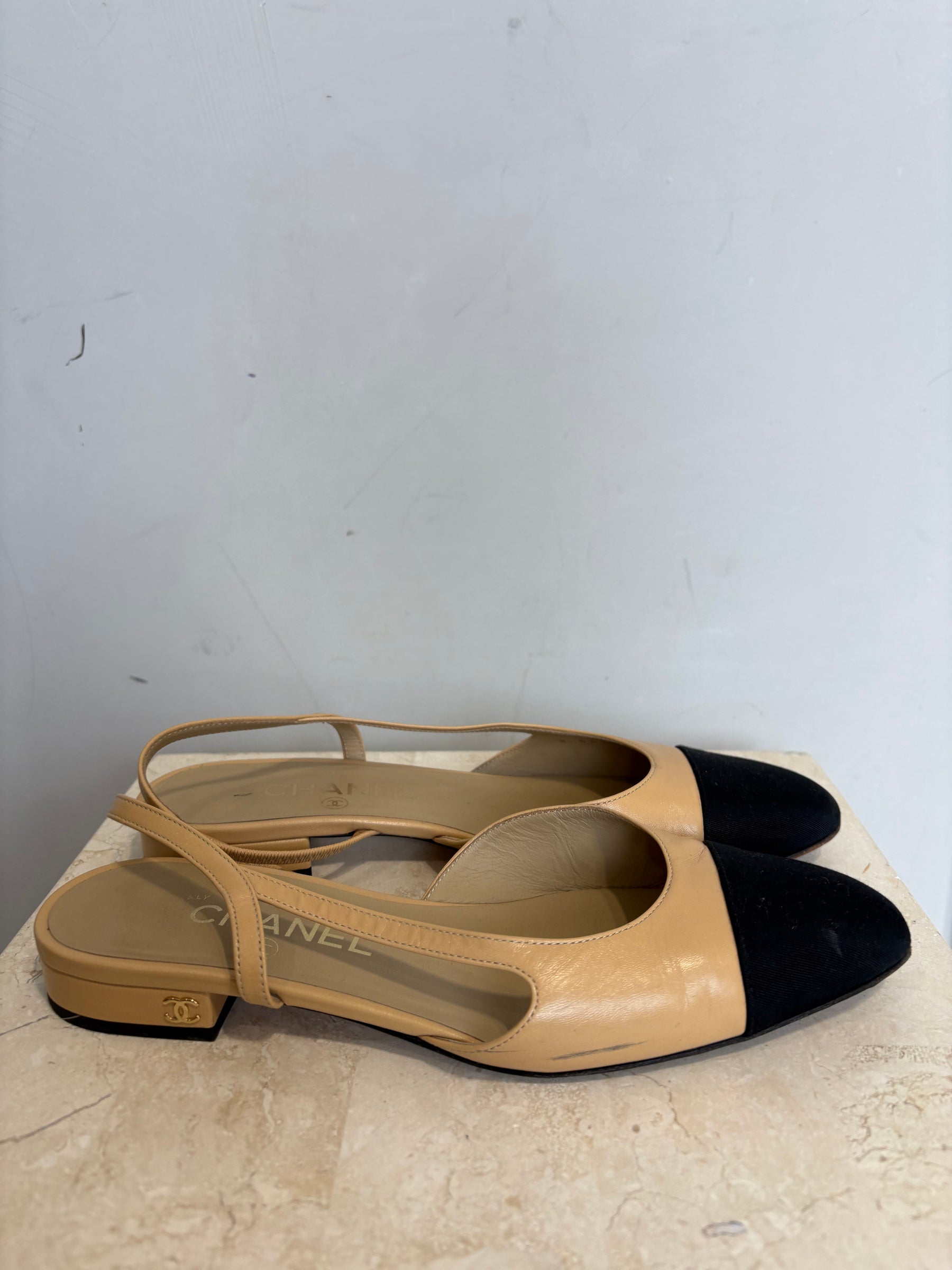 CHANEL Beige Sling Back With Black Toe, 37.5C
