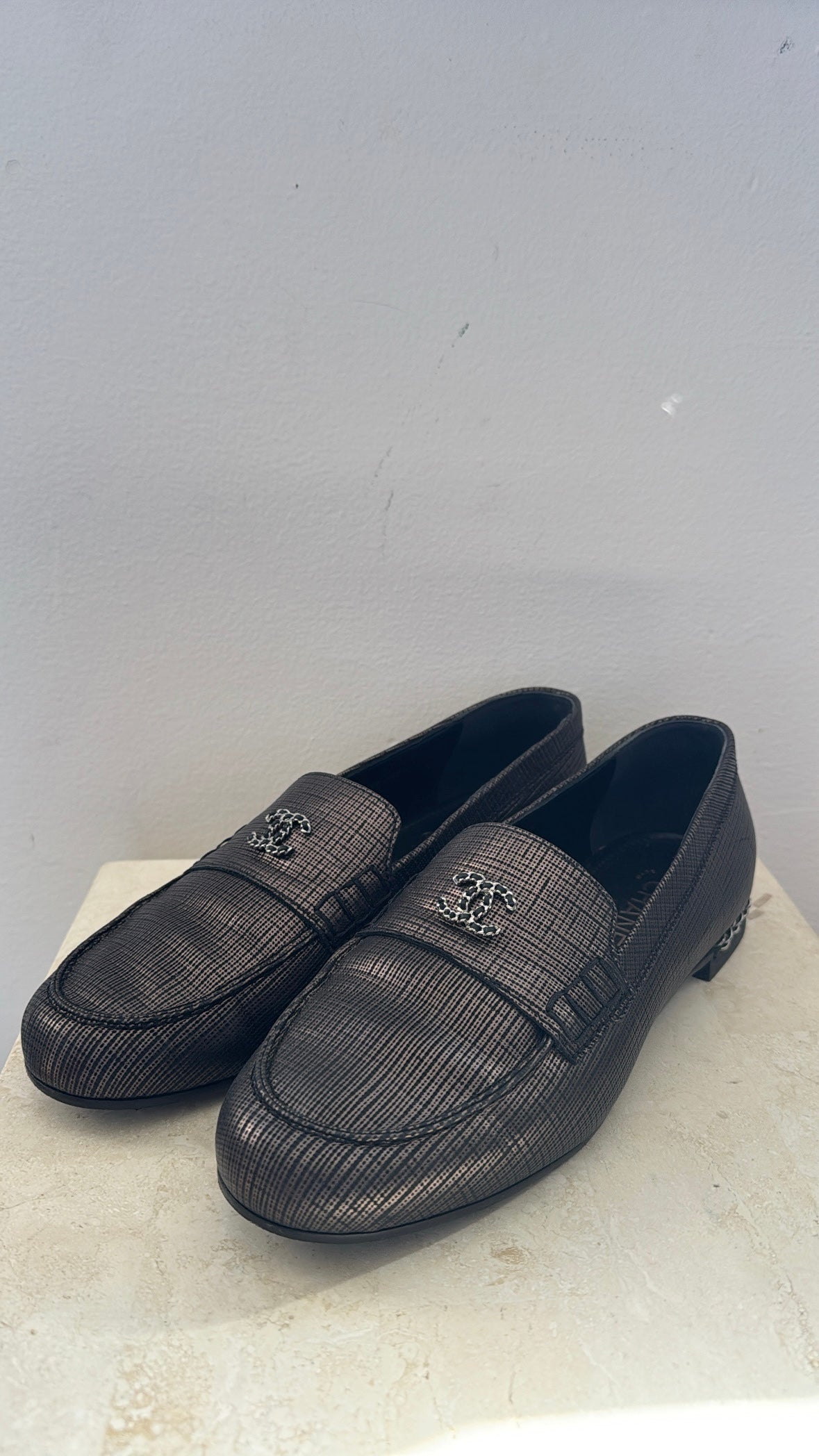 Chanel Dark Bronze Textured Logo Loafer, 39 C