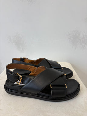 Marni Black Leather Fussbet Sandals, 40