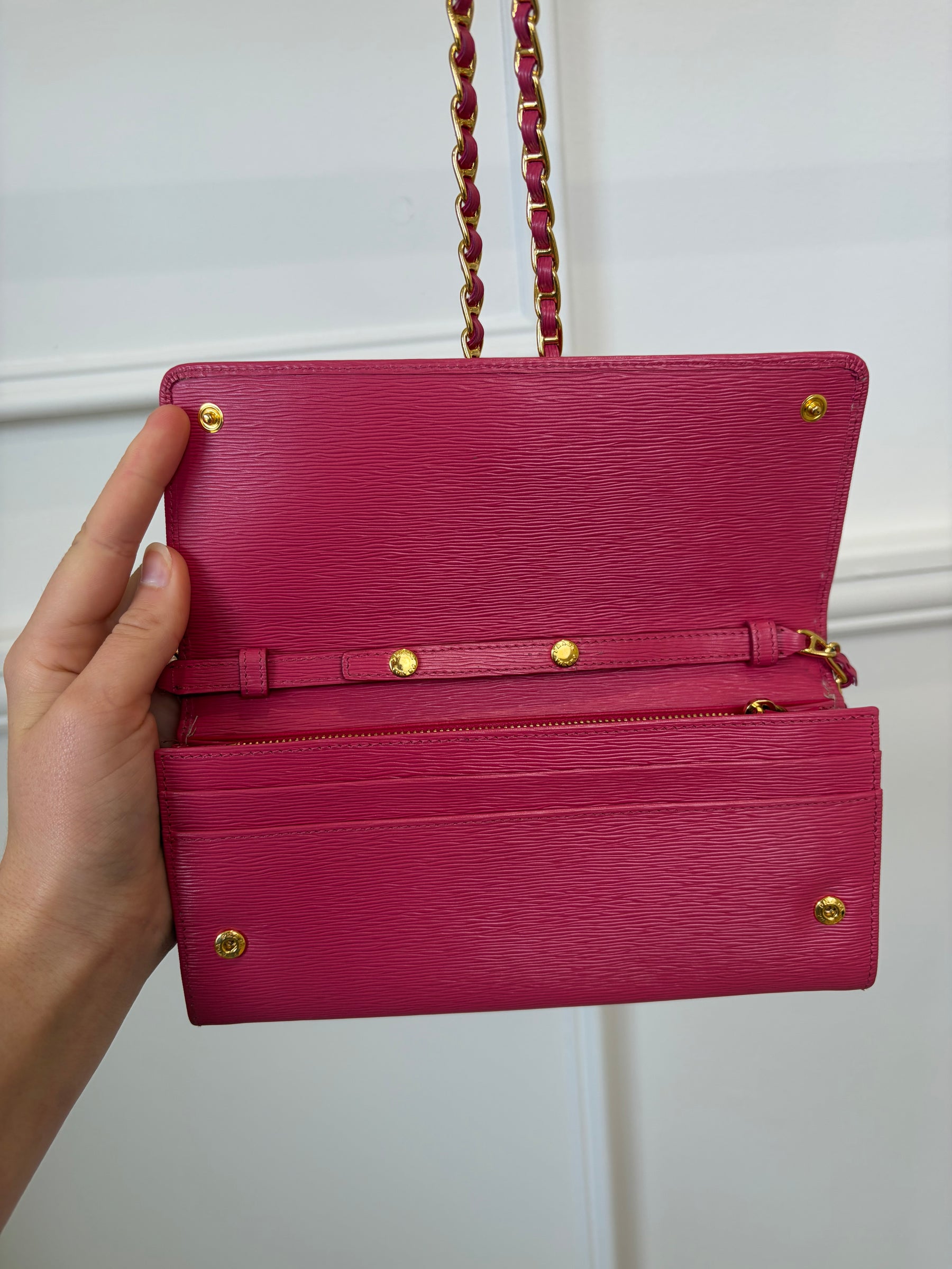 Prada Pink Grained Leather Wallet on Chain