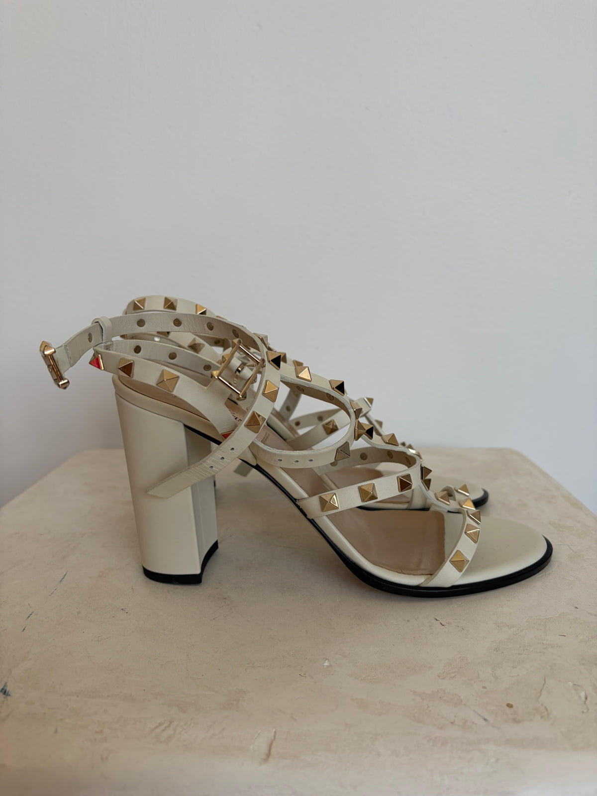 Valentino Block Heel Garavanie Cage Sandals In Cream, 40.5