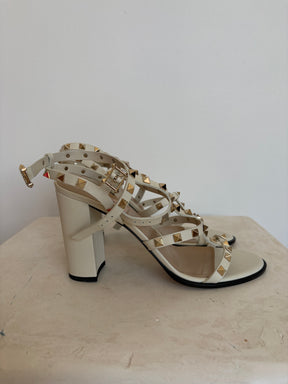 Valentino Block Heel Garavanie Cage Sandals In Cream, 40.5