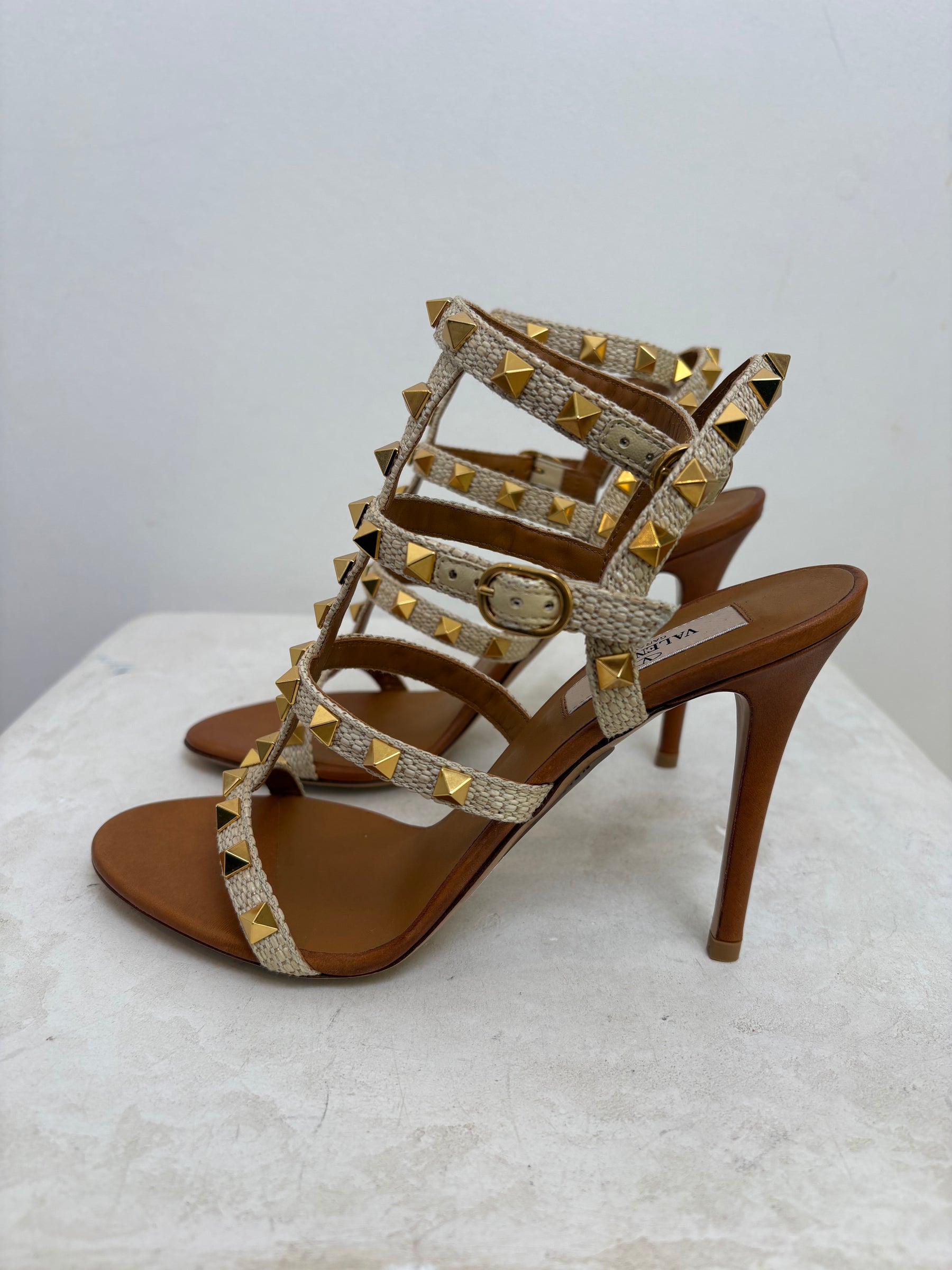 Valentino Garavani Natural Raffia Rockstud Caged Stilletos, 36.5