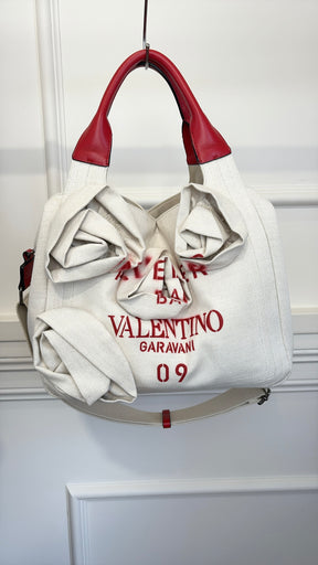 Valentino Garavani Canvas and Red Leather Rose 'Atelier' Tote, S